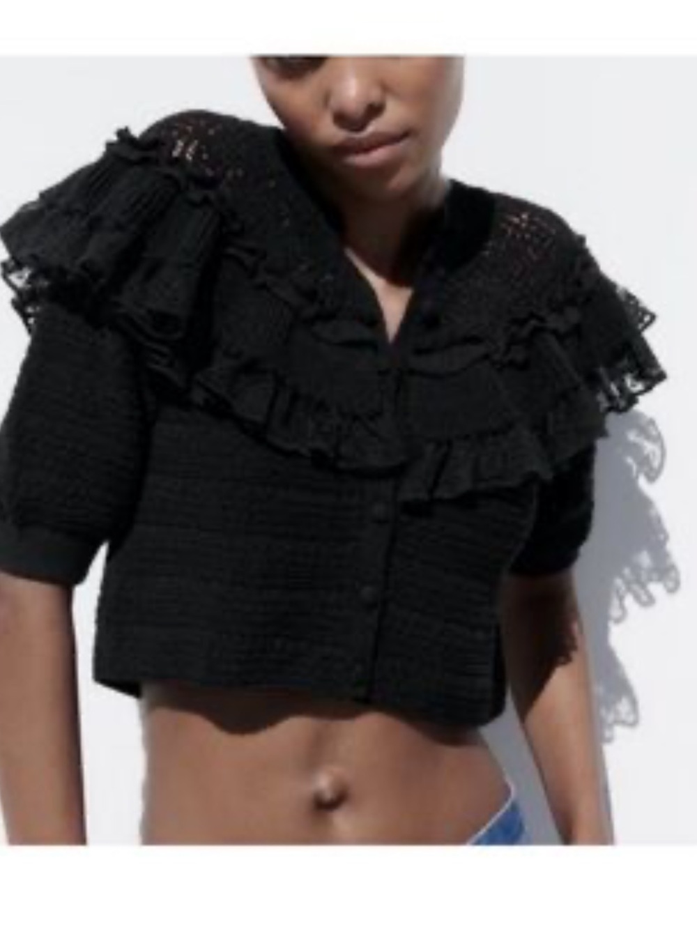 Zara Mixed Ruffle Knit Cardigan Top Black Size Small